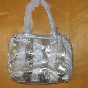 Bebe Large Wave Silver Shiny Patchwork Tote $110